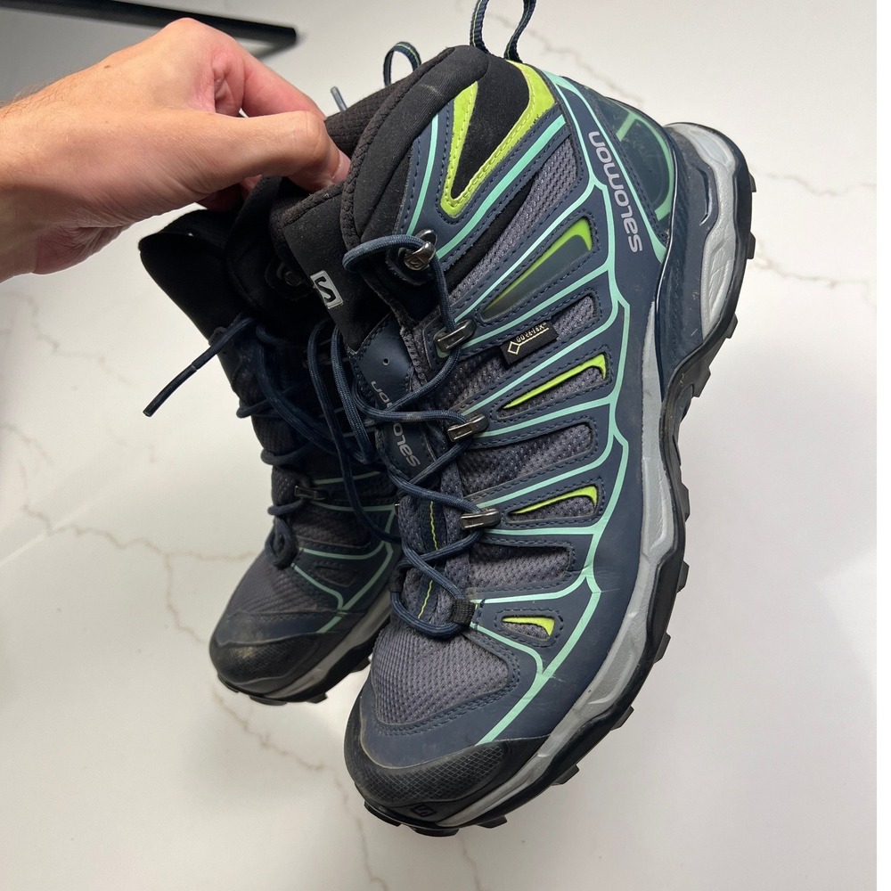 Salomon X Ultra Mid 2 GTX Hiking Boots Mens Navy Teal Green 371524 Size 9.5